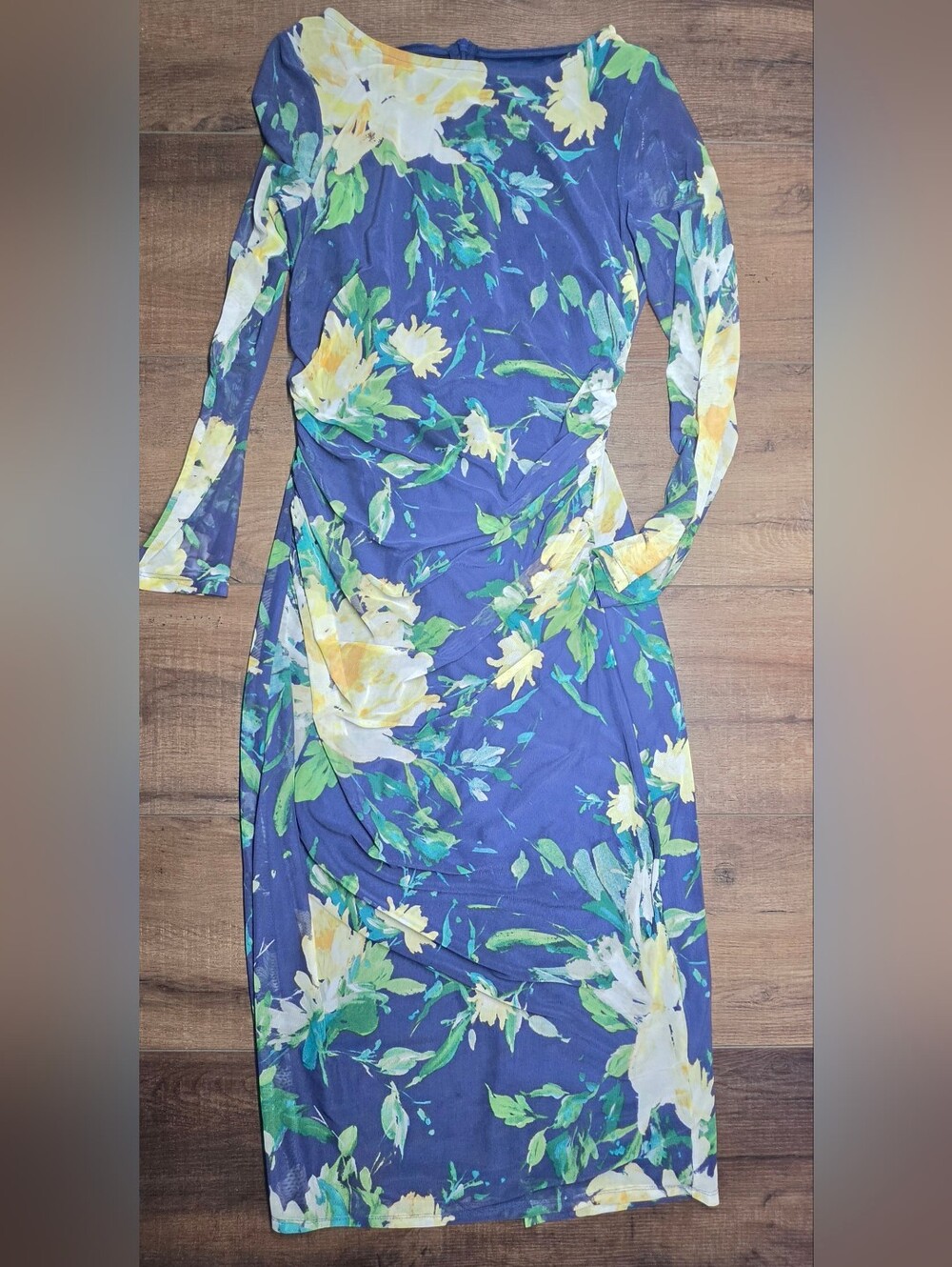 Vince Camuto Blue Watercolor Floral Ruched Sheath Midi Dress Size 10